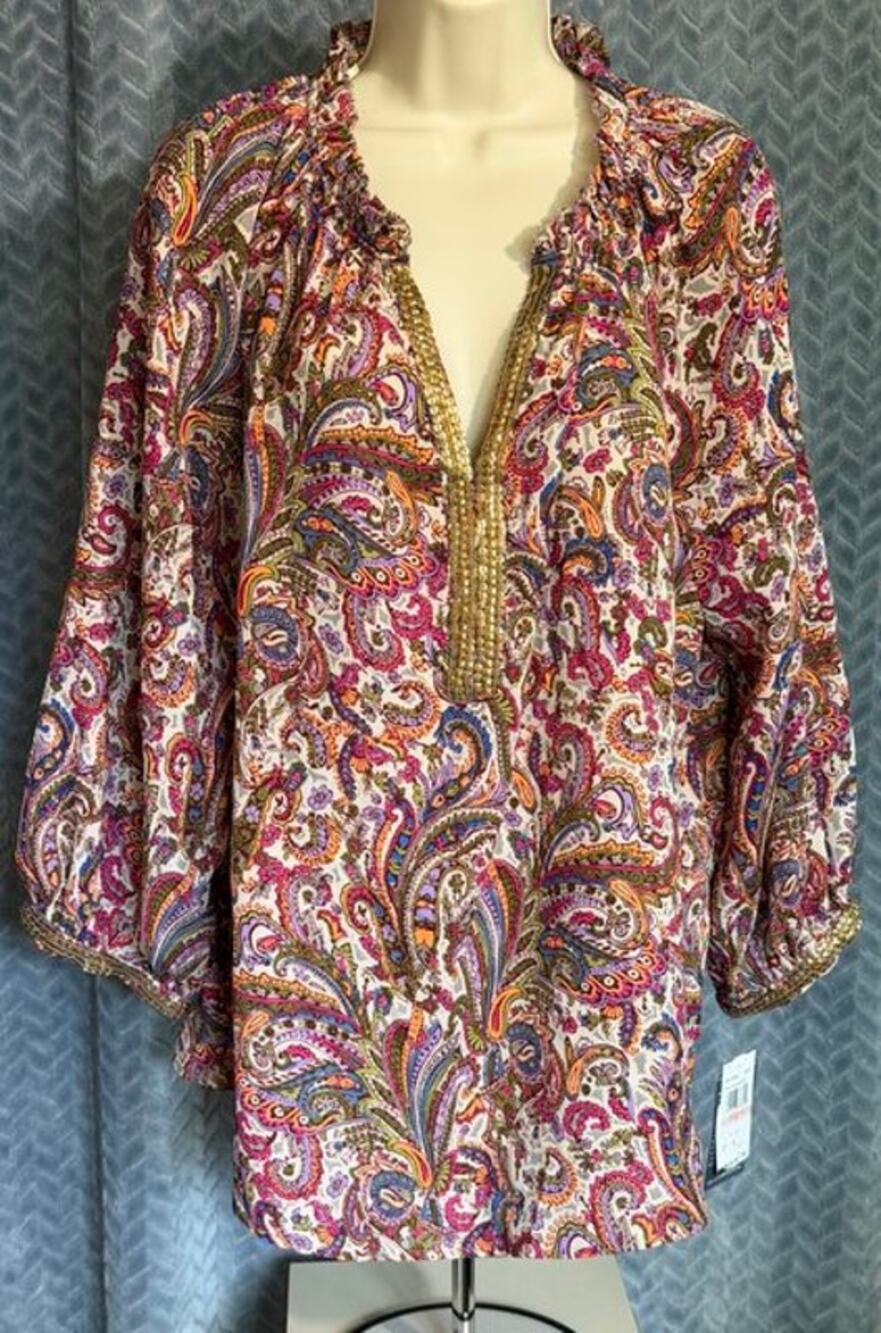 Democracy NWT Multi Color Paisley Print V Neck Blouse Size 2X BOHO Colorful
